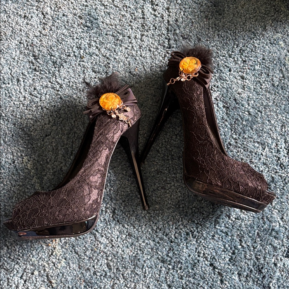 2 Lips Too Black Lace Heels with Orange Accent